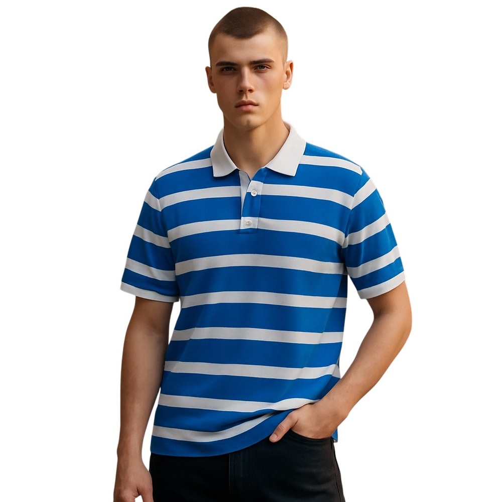 Onia Mens Blue and White Striped Perforated Knit Polo Size Large Short Sleeve